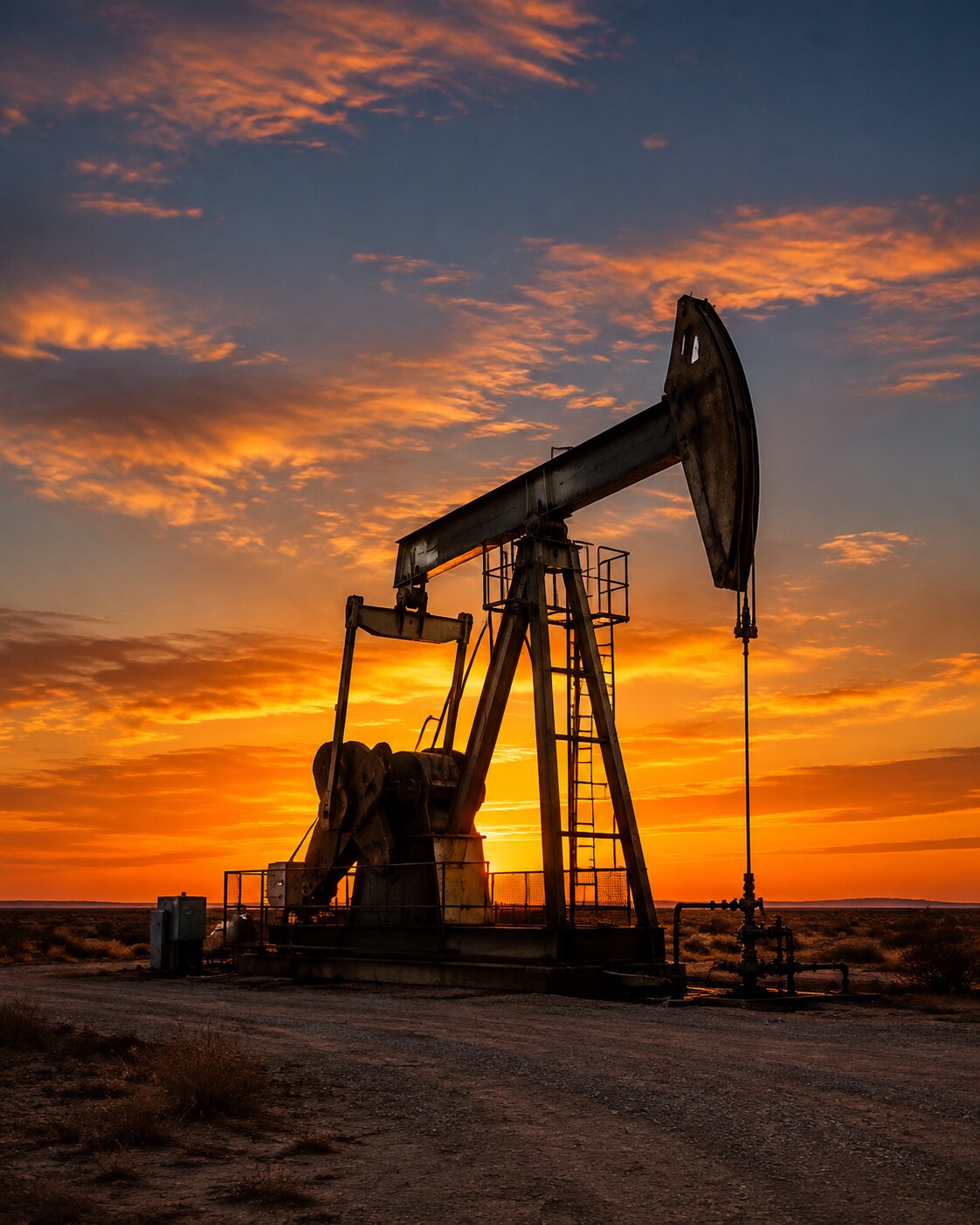 Pump jack silhouetted against a West Texas sunset